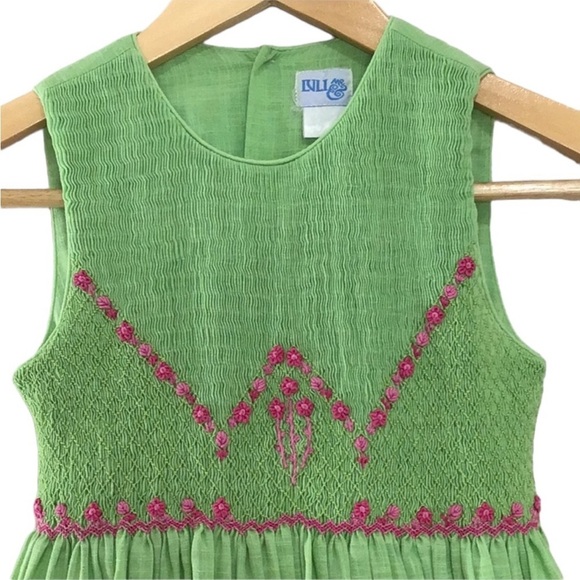 Luli & Me Green Pink Smocked Embroidered Dress With Sash - Picture 3 of 8
